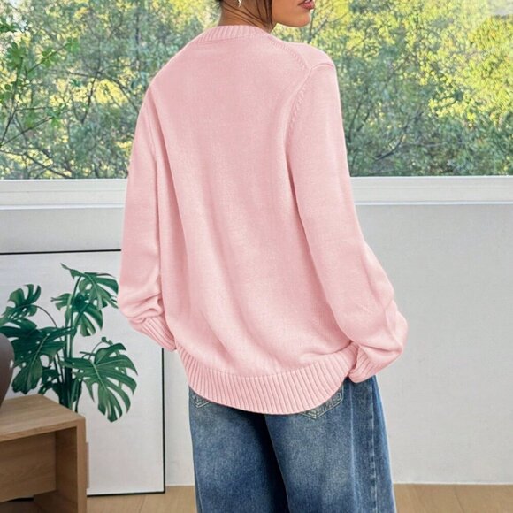 Pink Casual Women's Rib-Knit Long Sleeve Teddy Bear Embroidery Sweater - Picture 3 of 6